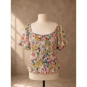 Anthropologie Smocked Floral Puff Sleeve Top Multicolor Size M Stretchy Summer B